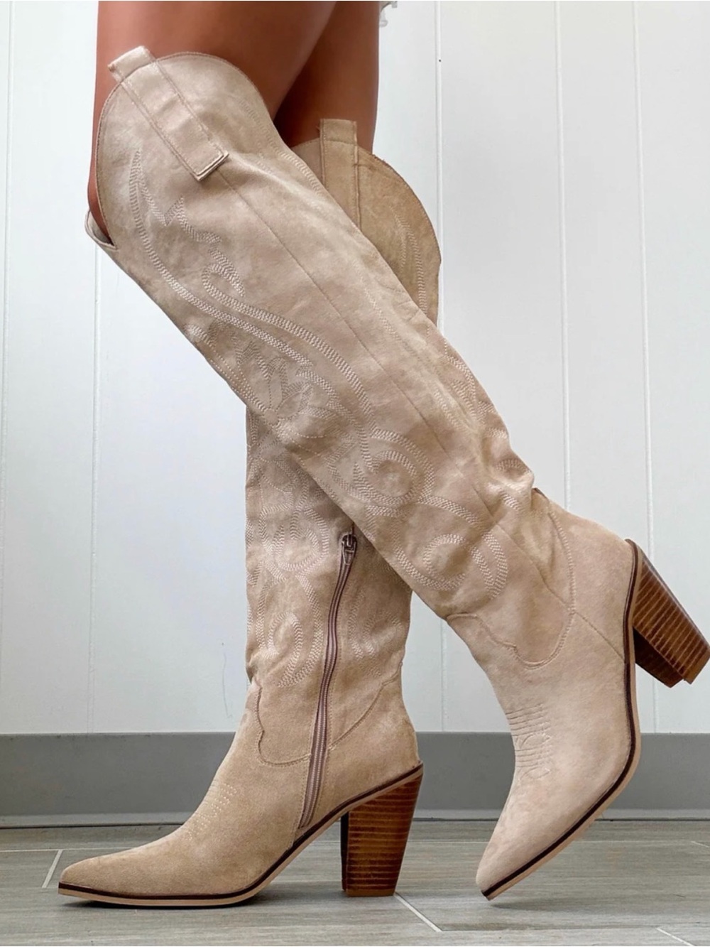 Over-the-Knee Suede Boots in Light Beige - Women